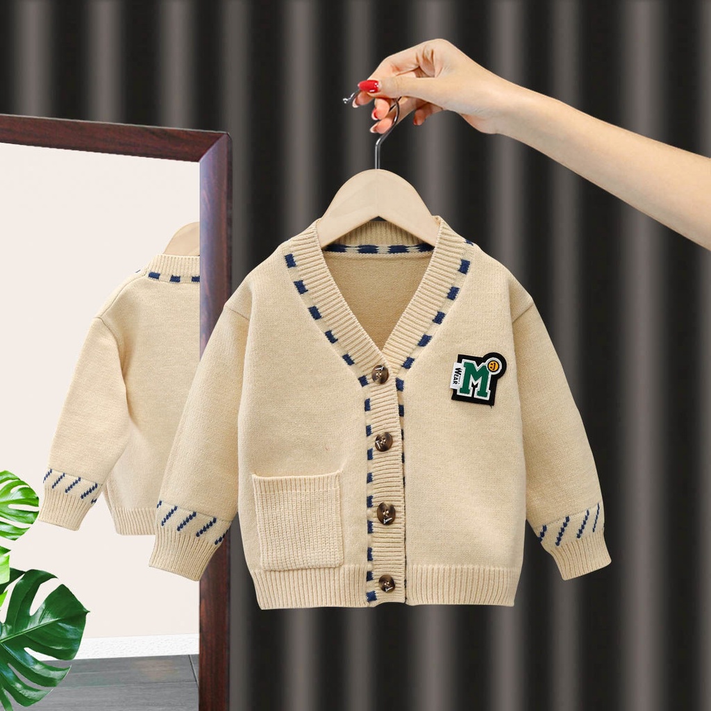 Áo Khoác Cardigan Dệt Kim Cổ Chữ V In Chữ M Thời Trang Thu Đông Cho Bé Trai