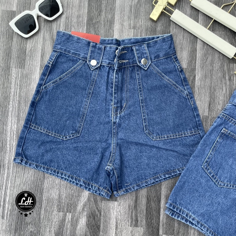Quần short jean nữ cạp cao kiểu túi đắp vuông Lê Huy Fashion MS 130