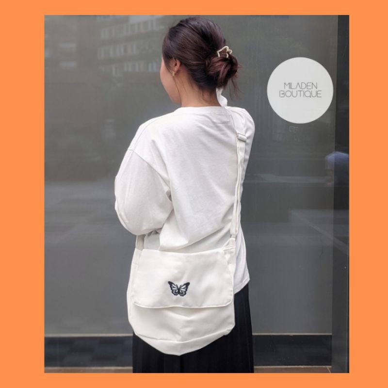 Túi vải đeo chéo canvas cao cấp , Hình Bướm Thêu Nổi Miladen.