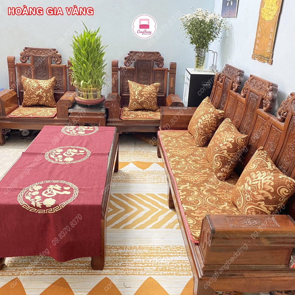 Thảm trải ghế phòng khách, trọn bộ đệm ghế sofa, thảm trải ghế gỗ, gối tựa thêu vi tính vải gấm cao cấp