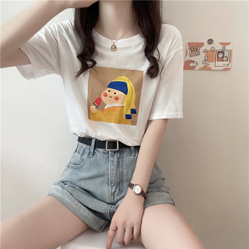 Áo thun IELGY tay ngắn cổ tròn dáng rộng in họa tiết hoạt hình cá tính dành cho nữ