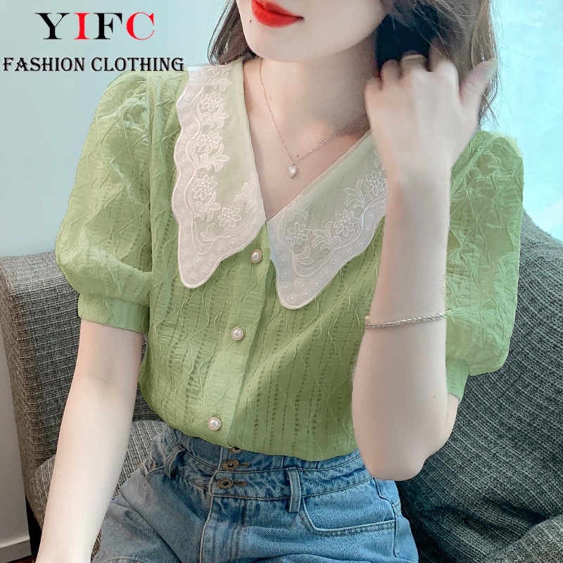 Áo Sơ Mi Ngắn Tay Xếp Ly Cổ Bẻ Phối Ren Phong Cách Pháp Thời Trang Mùa Hè Hàng Mới Dành Cho Bạn Nữ 2022