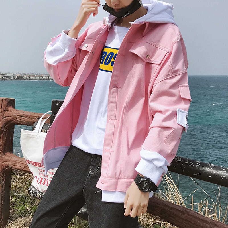 Áo Khoác denim Phối Màu Hồng Thời Trang Xuân Thu Phong Cách Hàn Quốc Cho Nam