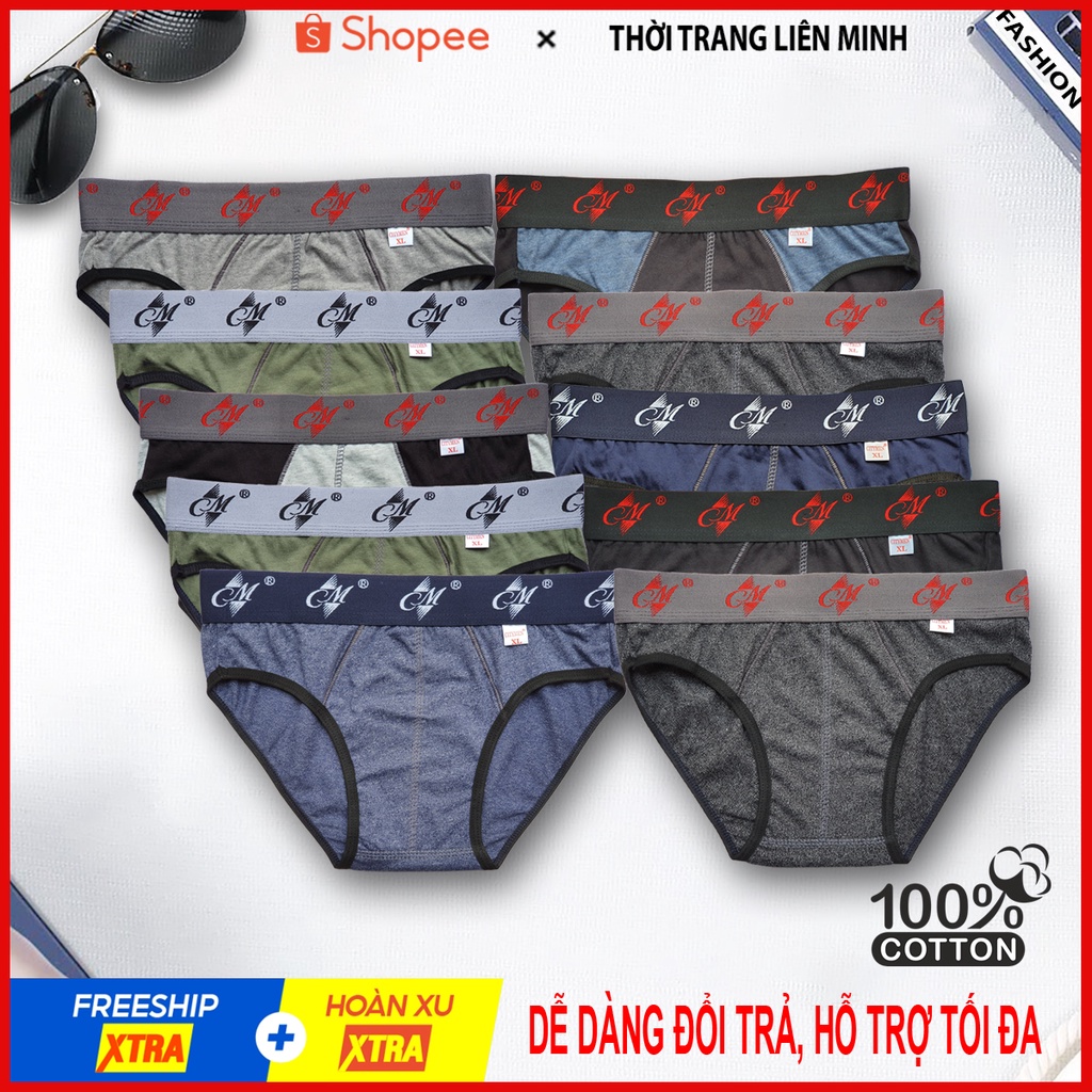 Combo 10 quần lót nam CM cao cấp vải cotton 100%, co giãn và thấm hút tốt, sịp tam giác, quần xì, đồ lót