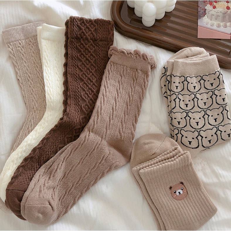 Vớ Cotton Cổ Vừa Thoáng Khí In Họa Tiết Gấu Phong Cách Hàn Quốc Thời Trang Cho Nữ Sinh