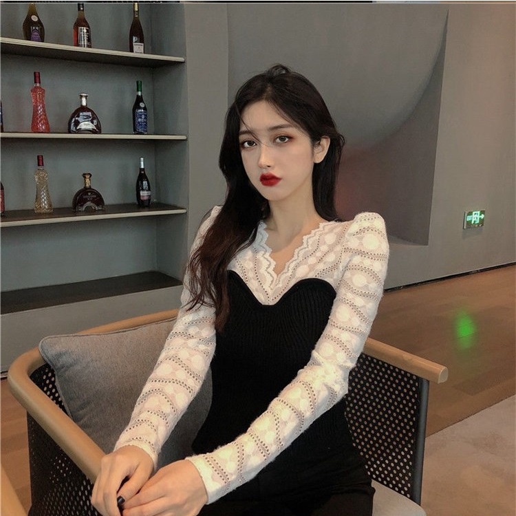 【ZHELIHANGFEI】Áo Dệt Kim Dáng Ôm Cổ Chữ V Phối Ren Phong Cách Sang Trọng Dành Cho Nữ