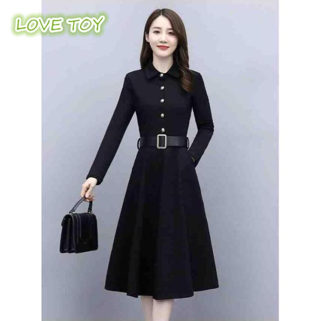 Đầm Midi Dáng Chữ A Tay Dài Cổ Bẻ Màu Trơn Eo Cao Thời Trang Cho Nữ
