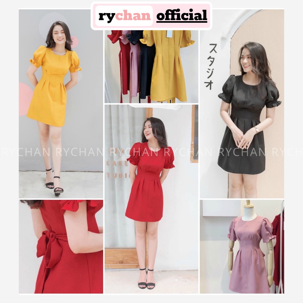 Đầm Trơn Xòe Chít Eo Tay Bo 4 Màu Đen Hồng Vàng Đỏ - DX870