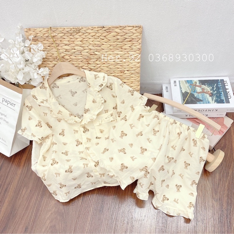 Đồ ngủ xinh bộ mặc nhà chất đũi hoạ tiết dễ thương phong cách hàn quốc