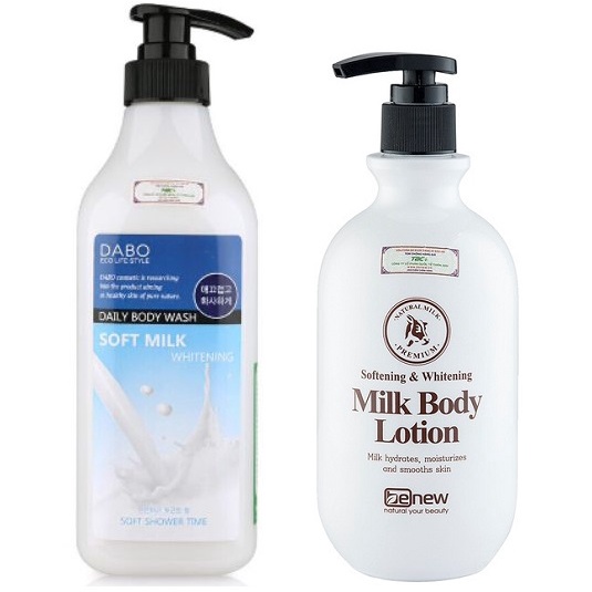 Combo 1 chai sữa tắm sữa tươi DABO MILK Hàn quốc 750ml Và 1 Dưỡng Thể Trắng Da BODY WHITENING BENEW 450ML