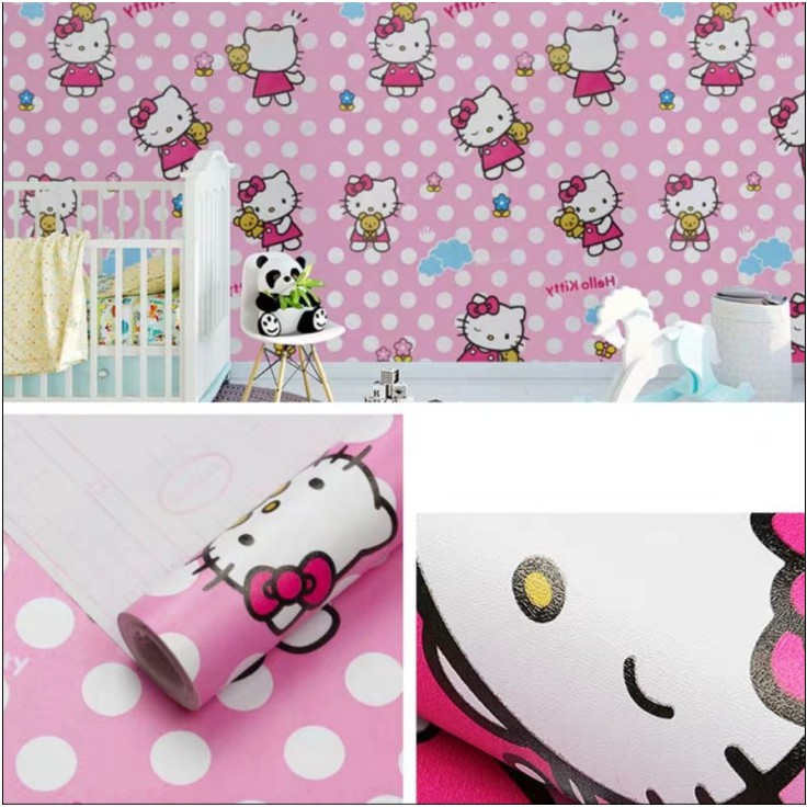 Decal giấy dán tường kitty chấm bi khổ 45cm keo sẵn bóc dán