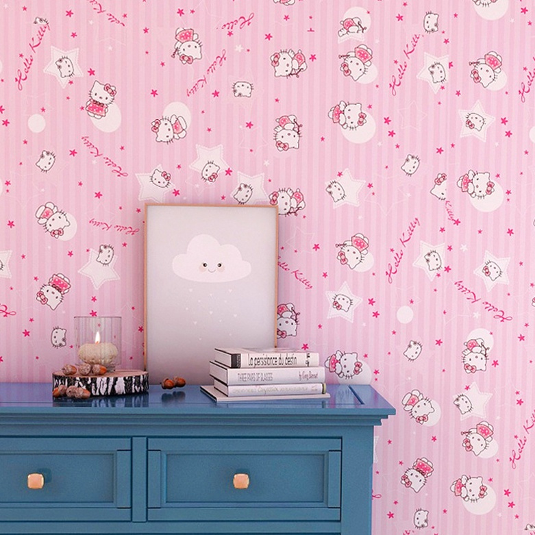 Giấy dán tường màu hồng hình mèo kitty- cuộn 10m x 45cm
