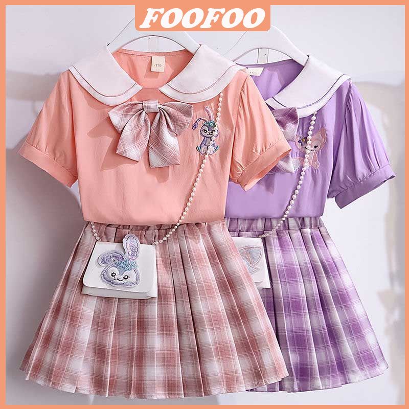 Set Áo Tay Ngắn + Chân Váy Xếp Ly Mỏng Màu Tím Phong Cách Preppy Mùa Hè Cho Bé Gái