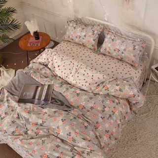 Bộ Drap & Chăn Phao Cotton Poly Hoa Nhí Xám