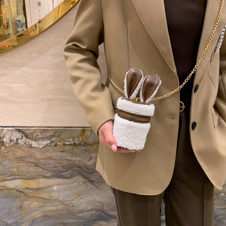 Túi Đeo Chéo Lông Cừu Mini Hình Trụ Đính Tai Thỏ Thời Trang Cho Nữ