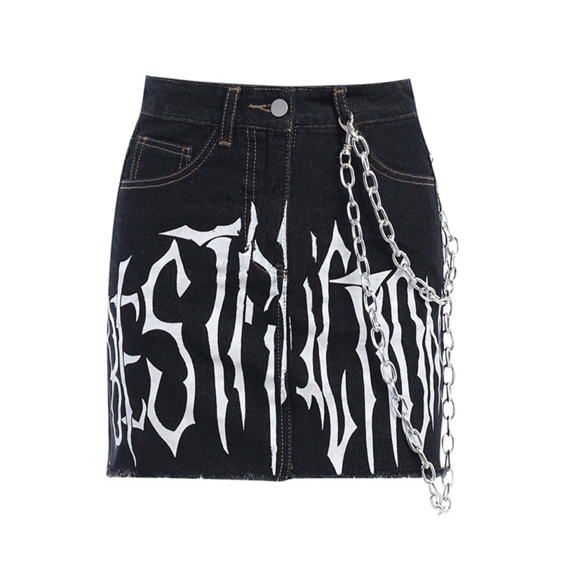 Chân váy jean Bút Chì Màu Đen Lưng Cao In Chữ Phong Cách Gothic Harajuku Cho Nữ