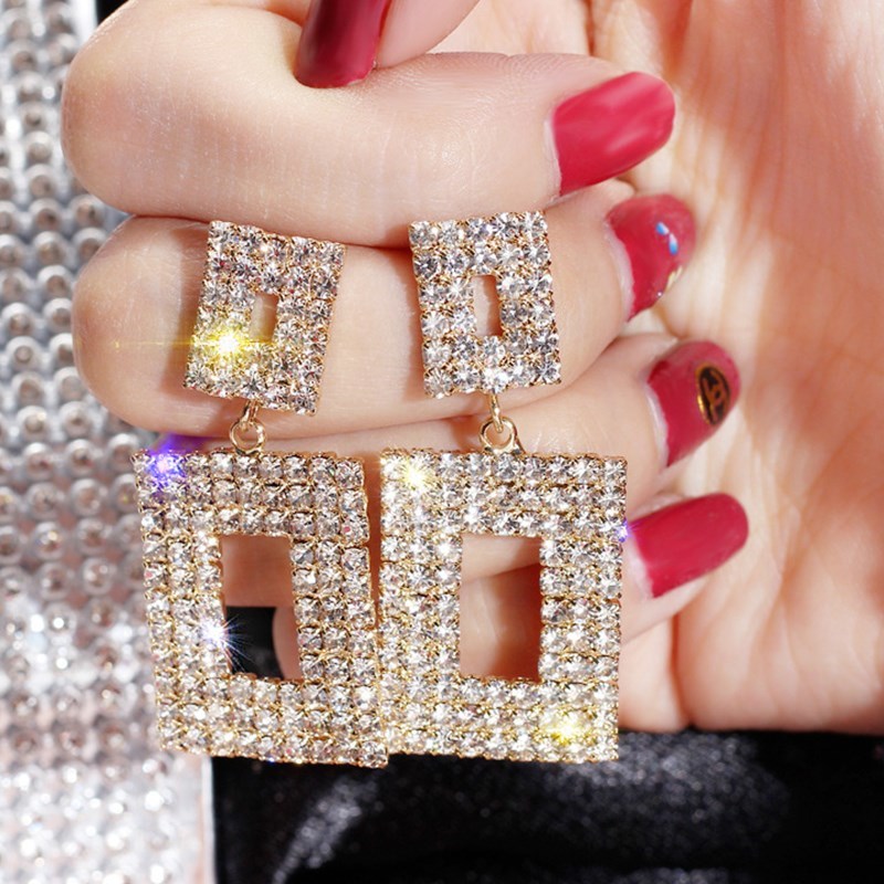 Hoa tai hình chữ nhật đính đá lấp lánh phong cách Hàn Quốc