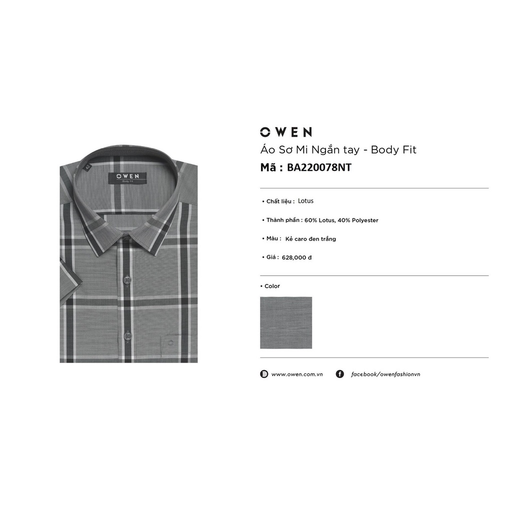 Áo sơ mi owen ngắn tay màu đen trắng caro body fit vạt ngang vải sợi sen BA220078NT