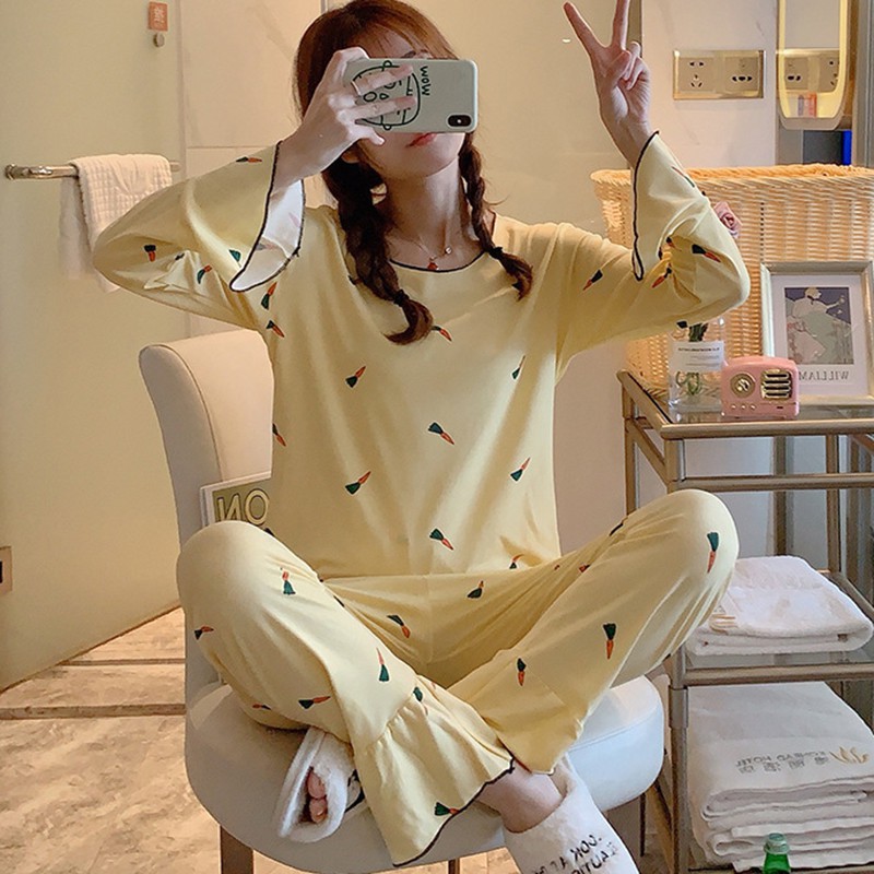 Bộ pijama dài tay , in họa tiết hoạt hình dễ thương cho nữ