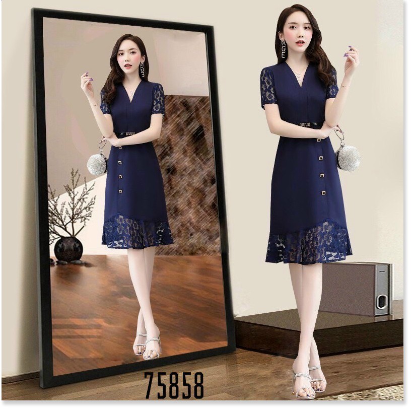 ĐẦM SUÔNG NỮ CỔ V PHỐI REN LỊCH THIỆP SANG TRỌNG CHO PHÁI ĐẸP HHP