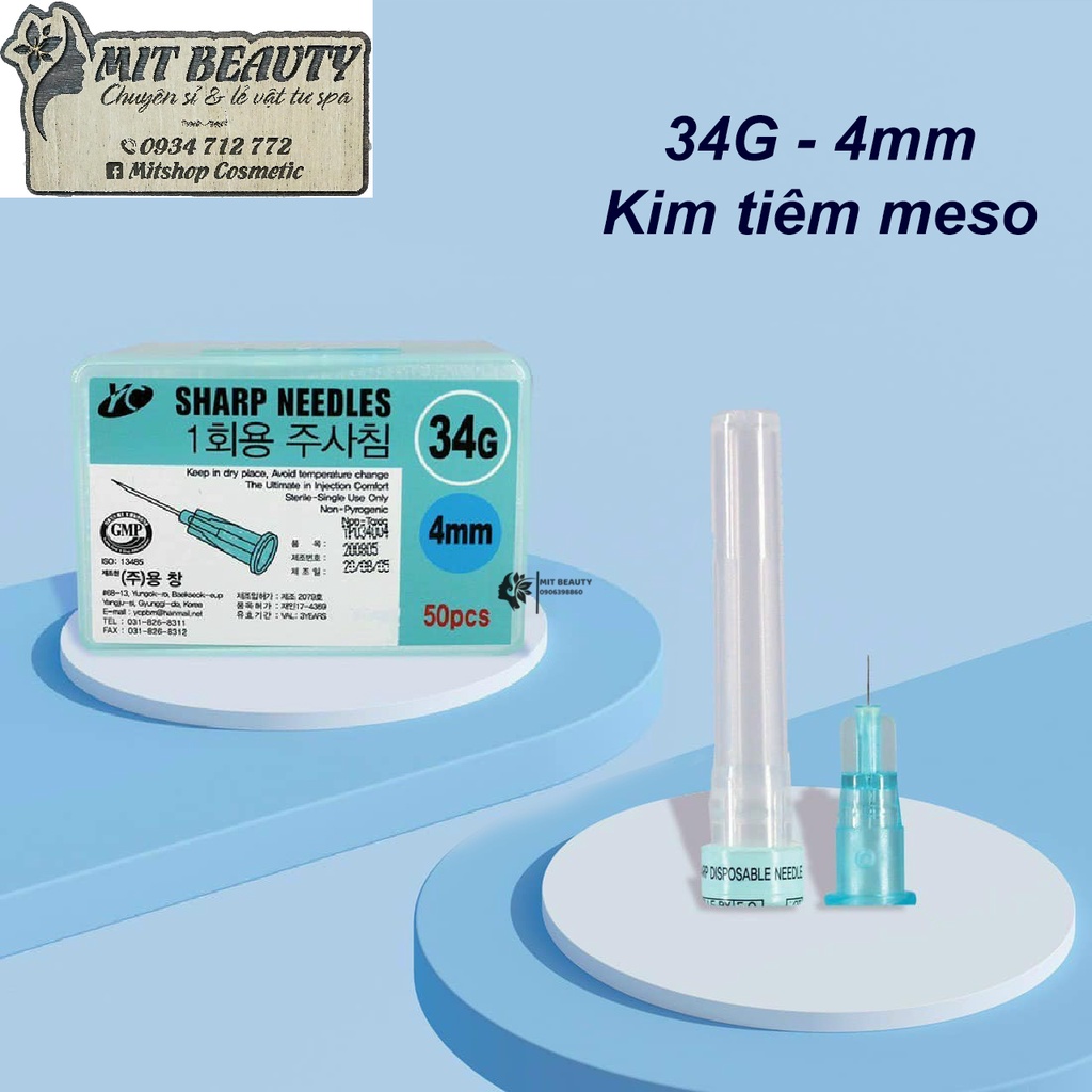 Hộp 50 Đầu kim tiêm meso 34G 4mm Sharp Hàn Quốc tiêm prp căng bóng cá hồi- Yongchang Mesotherapy Needles