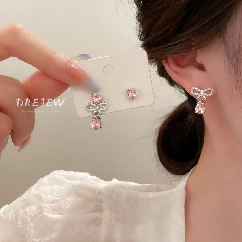 Set 4 khuyên tai DREJEW Sty 2 mạ bạc đính đá zircon hình giọt nước phong cách ngọt ngào thời trang