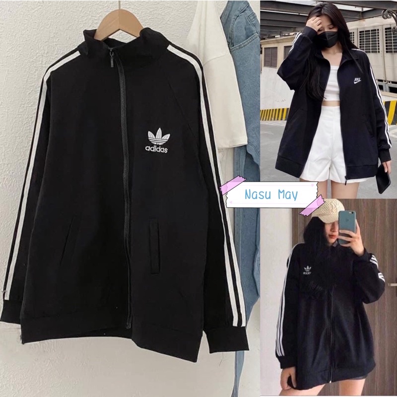 [Mã 12FASHIONSALE1 giảm 10K đơn 50K] Áo Khoác BomBer Form Rộng Nam Nữ Sọc Tay Áo Nỉ Khoá Kéo Giữa Màu Đen A.didass/N.ike