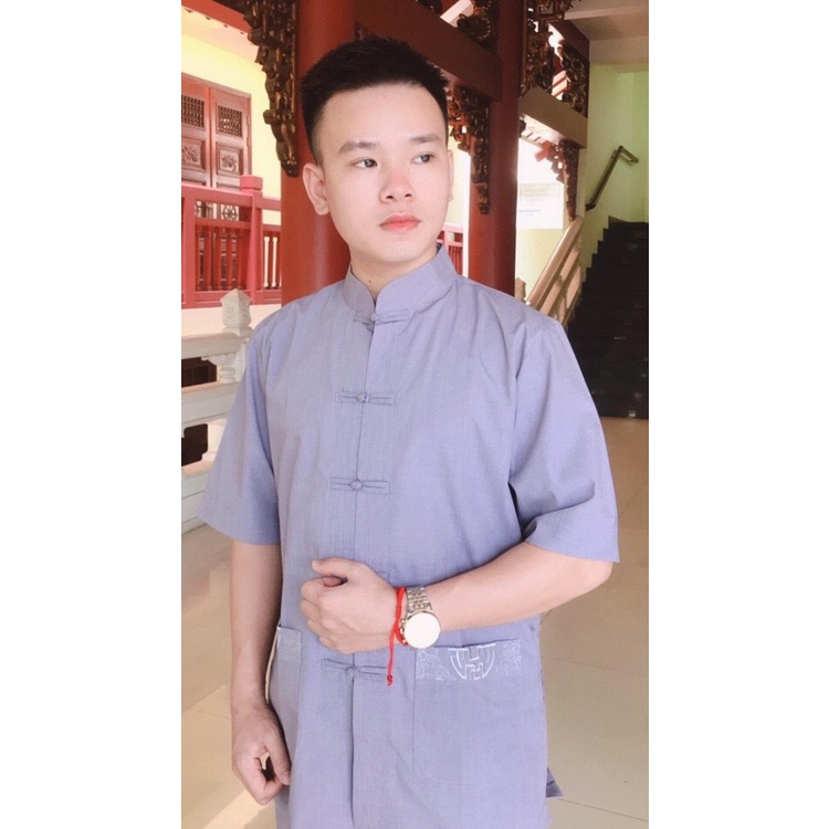 Áo Lam Đi Chùa Nam Cao Cấp - Lãnh Tụ Nam Thêu Túi - Vẻ Đẹp Uy Nghiêm Lịch Sự