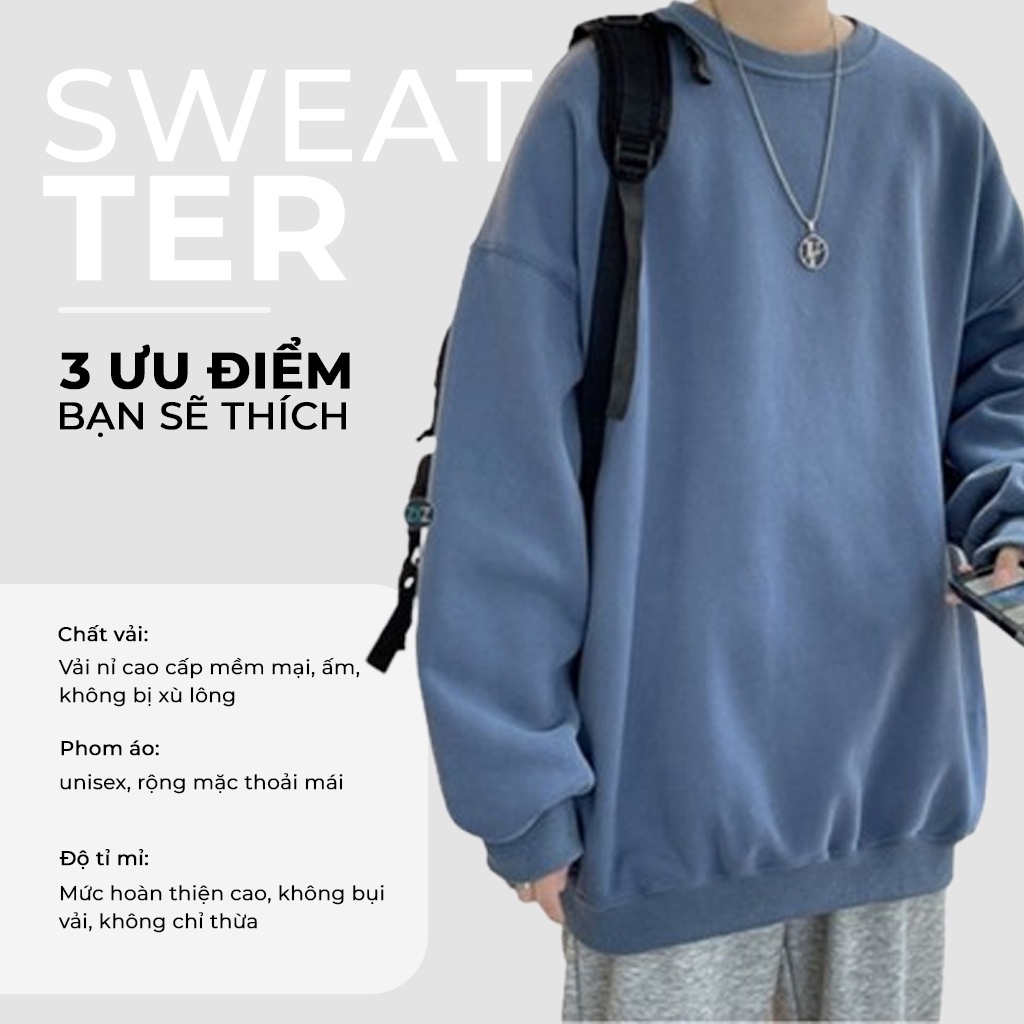 Áo Sweater Nỉ Bông Nam, Nữ Basic Form Rộng Unisex Màu Xanh SWT 900 Unichic