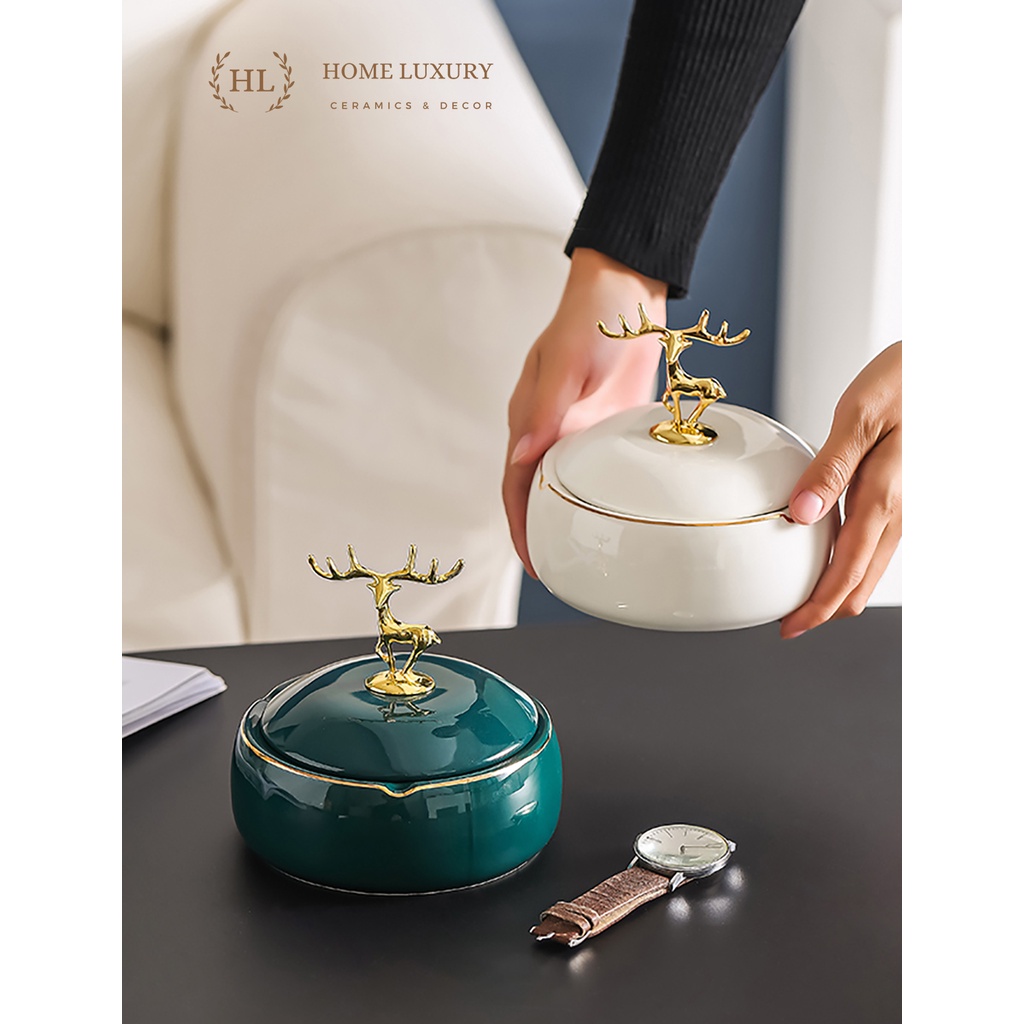 Gạt Tàn Sứ Có Nắp Đậy Hình Hươu Decor | GẠT TÀN SỨ VÂN ĐÁ SIZE TO CÓ NẮP SỨ PHONG CÁCH RETRO DECOR