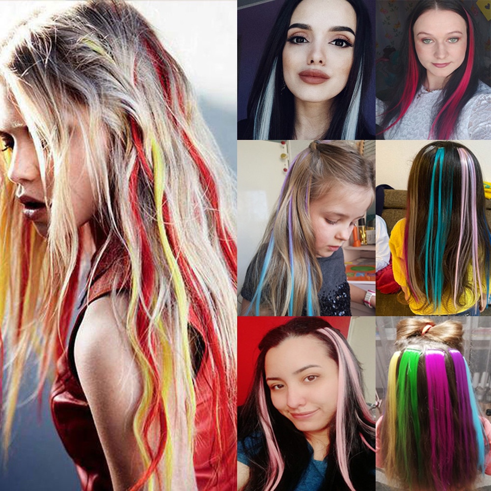 Bộ tóc giả dài thẳng có kẹp nhiều màu bằng sợi tổng hợp dành cho nữ hóa trang halloween / giáng sinh Mihan1