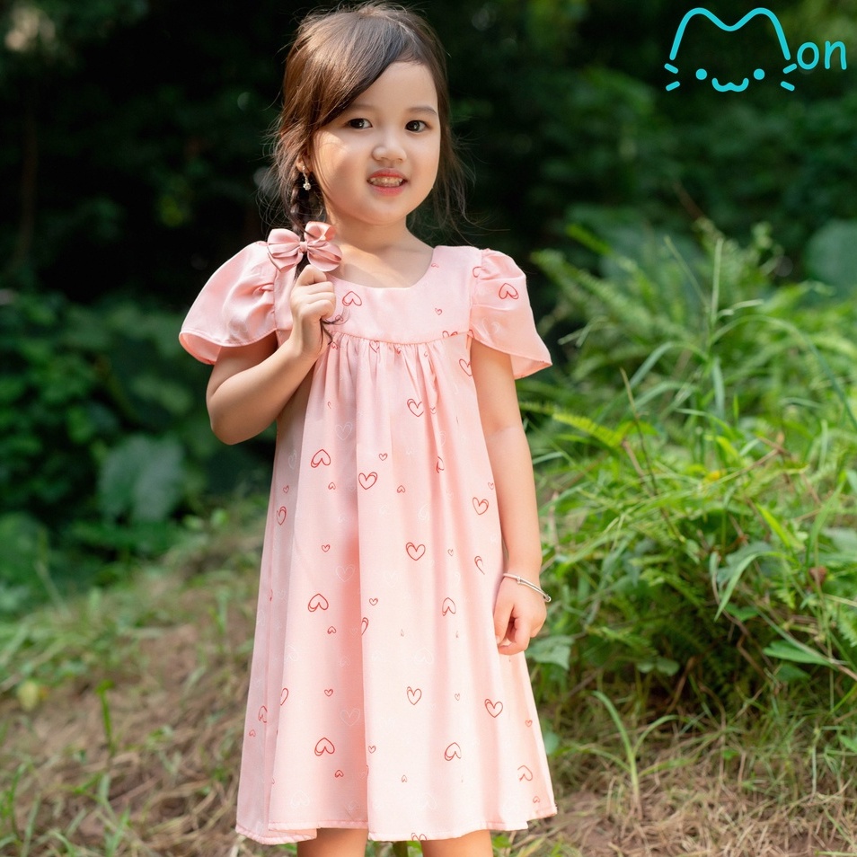 Đầm cho bé gái babydoll đũi tằm 1-6 tuổi họa tiết trái tim màu hồng MonBabies VL03