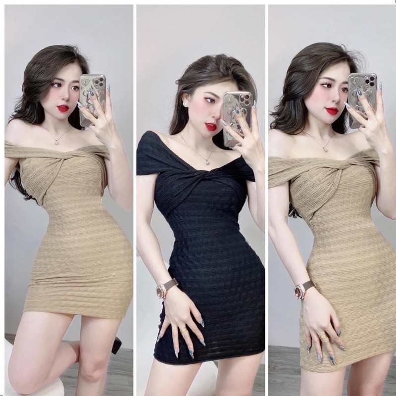 Đầm body xoắn ngực hở vai form ngắn chất thun xốp