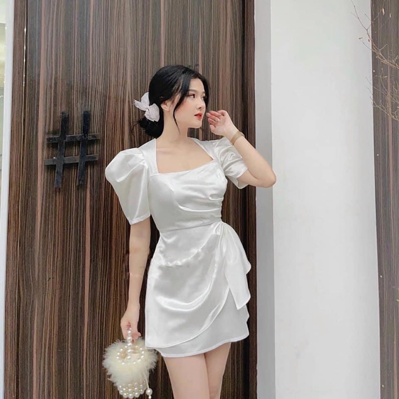 Đầm dự tiệc cổ vuông tay phồng phi xếp li đắp tà