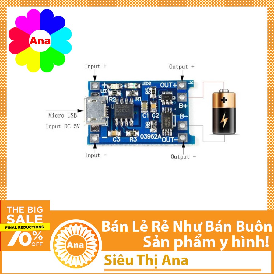 Mạch sạc pin lithium 18650 TP4056 1A – Có bảo vệ