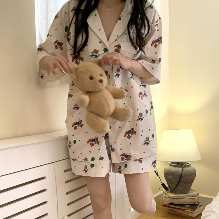 Bộ Đồ Ngủ Ngắn Tay Họa Tiết Gấu Hoạt Hình Đáng Yêu Cho Nữ