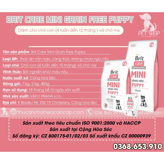 Thức Ăn Cho Chó Bull Pháp Dưới 12 Tháng Tuổi, Chó Mẹ Cho Con Bú - Brit Care Mini Grain Free Puppy