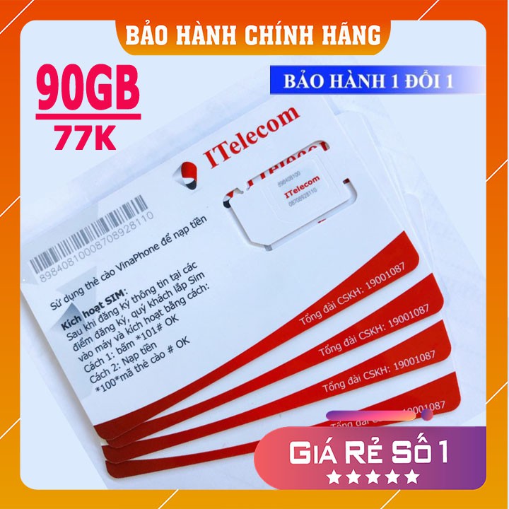 SIM 4G ITELECOM VINA 90GB - 3Gb/1 Ngày - Gọi Nội Mạng Miễn Phí - Sim CHUẨN 4G TỐC ĐỘ CAO