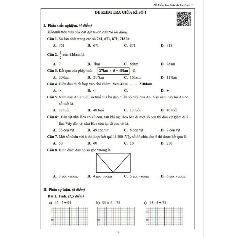 Sách - Đề Kiểm Tra Toán Và Tiếng Việt Lớp 3 - Học Kỳ 1