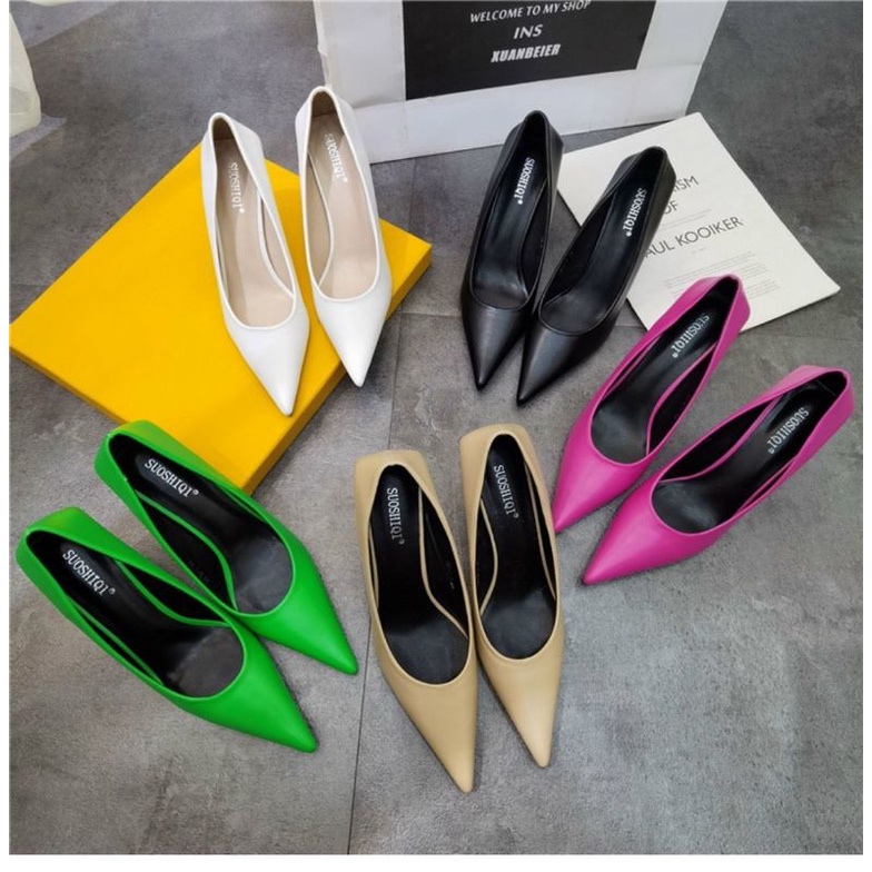 BinX Giày Cao Gót 9p Xanh Hồng Mũi Nhọn Da Mềm Êm Fullbox Cao Cấp