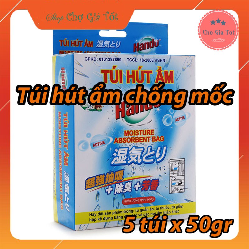 Hộp 5 túi hút ẩm chống mốc treo tủ quần áo tủ giày dép tủ bếp Hando 5x50Gr