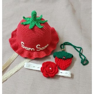 Set nón mũ, băng đô và túi đựng tỏi len handmade hình quả Dâu xinh
