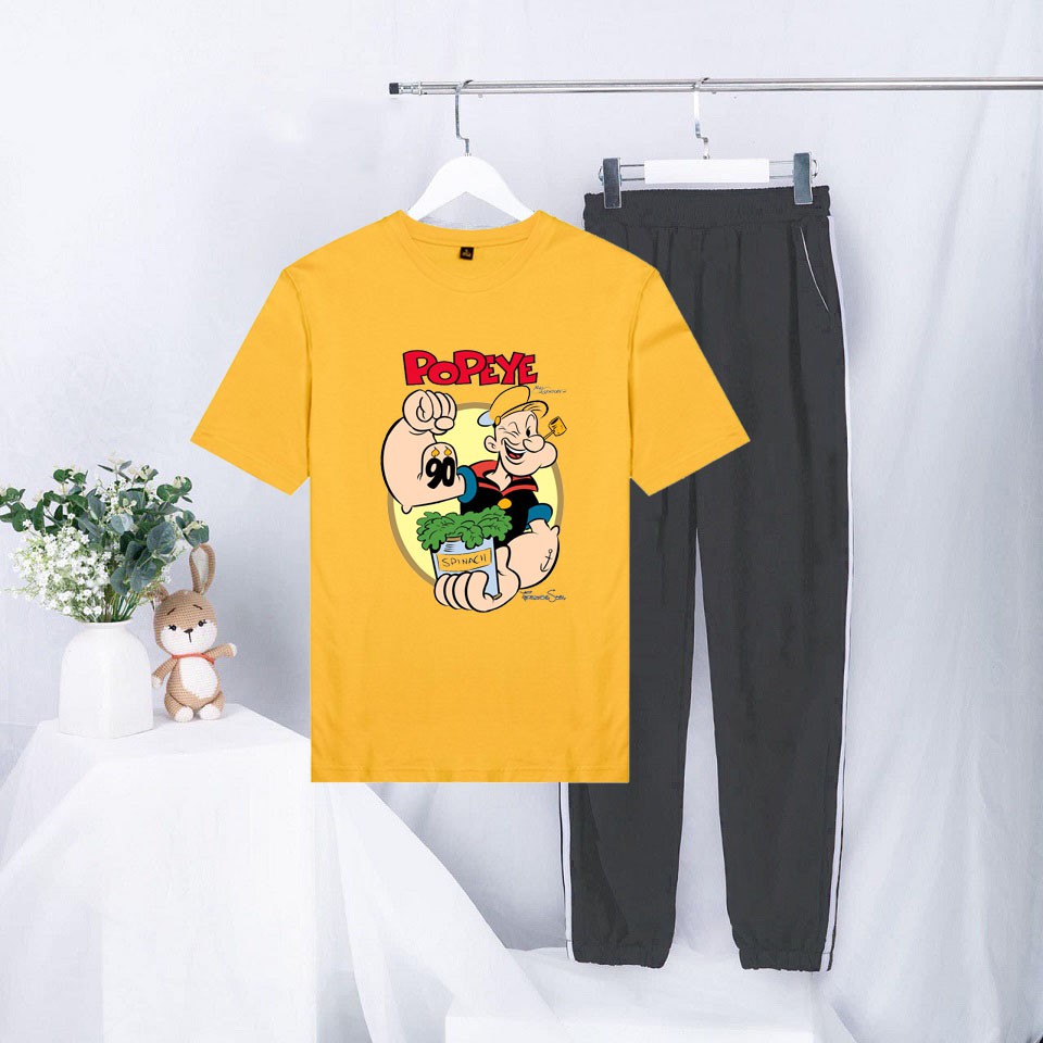 Sét Bộ Quần Áo Ulzzang Mùa Hè Nữ Mặc Đi Chơi Xinh Cute, Áo Phông Cotton Ngắn Tay In 3D PoPeye Mix Quần Thun Bo Gấu