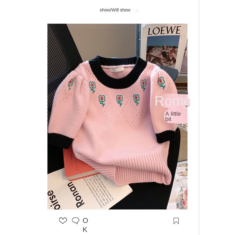 Áo Sweater Ngắn Tay Phồng Thêu Hoa Mẫu Mới 2022 Phong Cách Phương Tây