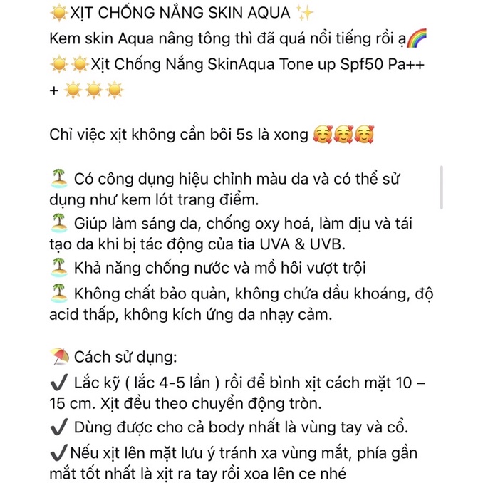 XỊT CHỐNG NẮNG AQUA SKIN TONE UP UV SPRAY Nhật Bản