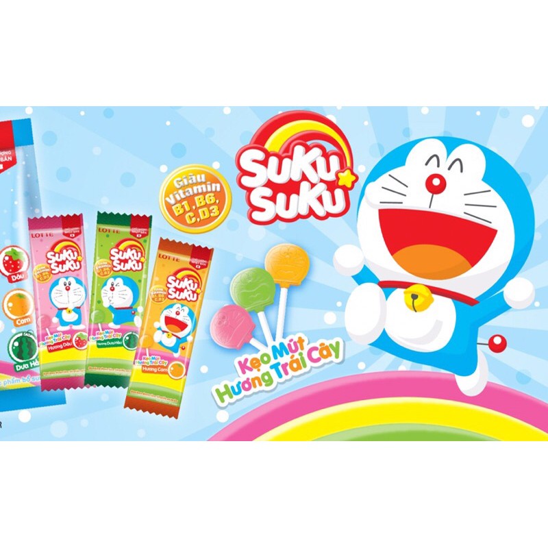 HỘP 30 QUE KẸO MÚT TRÁI CÂY DORAEMON SUKU SUKU LOTTE vị Cam - Dâu - Dưa hấu 30 x 8g