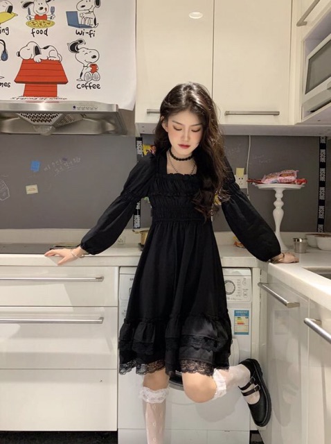 (Video tự quay) Đầm lolita gothic đen phối ren cực xinh ulzzang Hàn Quốc [Yannie]