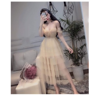 Đầm công chúa xoè tầng lưới nhũ