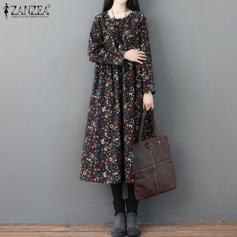 ZANZEA Đầm Maxi Tay Dài Cổ Tròn Dáng Dài Rộng Thời Trang Hàn Quốc