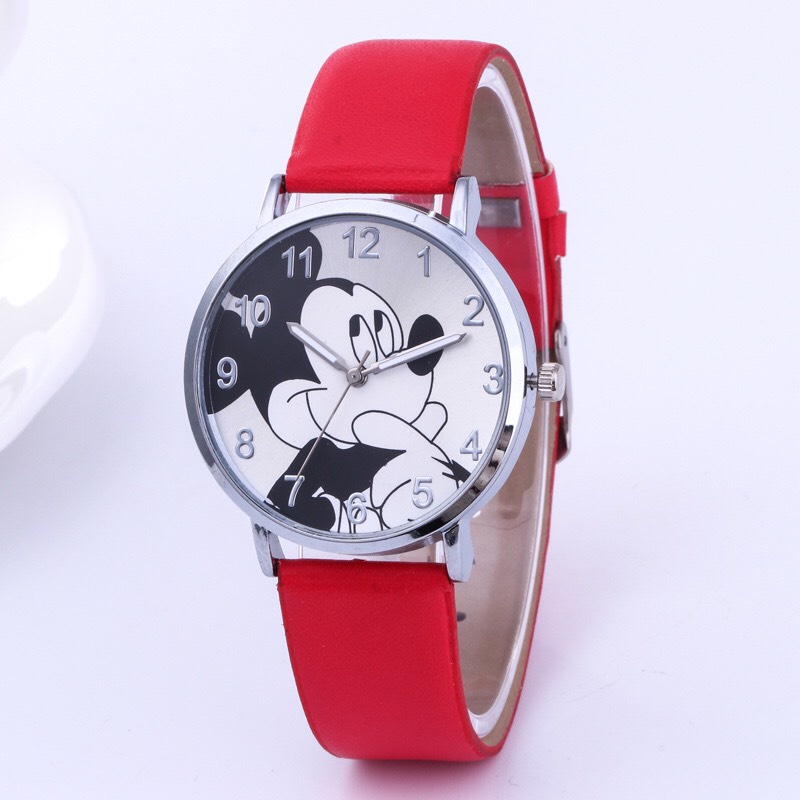 Đồng Hồ Cho Bé Gái Công Chúa Elsa, Chuột Mickey Mặt Kính Dây Da PU